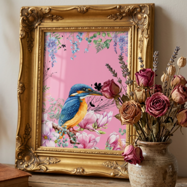 Kingfisher - Pink Floral Semi-Glossy Paper Poster
