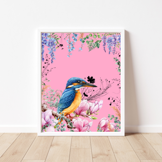 Kingfisher - Pink Floral Semi-Glossy Paper Poster