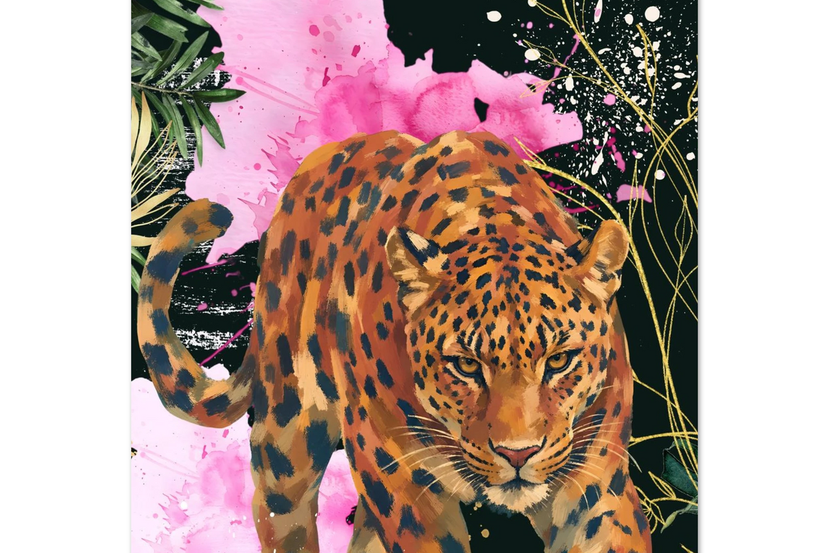 A square art print featuring a detailed illustration of a leopard with orange and black spots, set against a black background with large pink flowers, green leaves, and gold splatter details.
