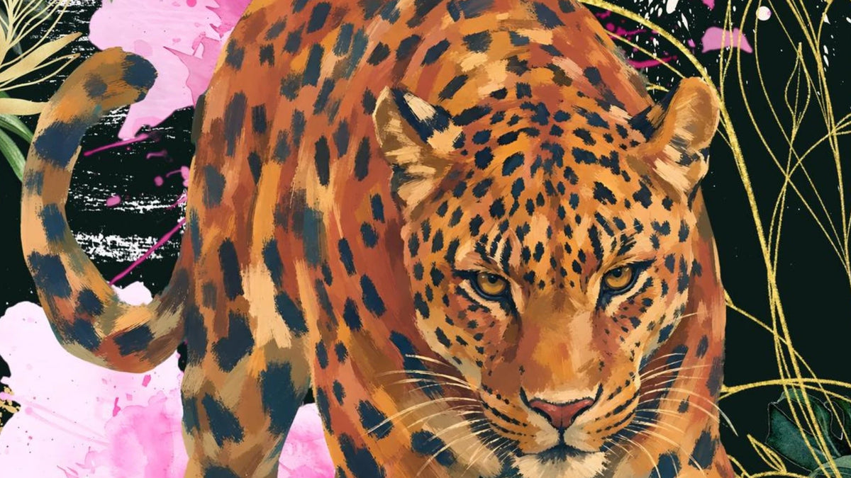 A square art print featuring a detailed painting of a leopard with orange and black spots, walking among green tropical leaves and large pink flowers against a dark background.
